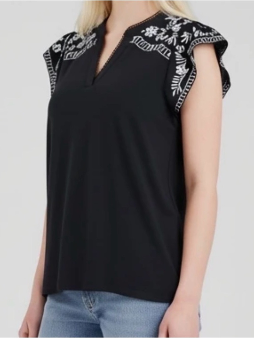 Black Embroidered Flutter Sleeve V-Neck Blouse